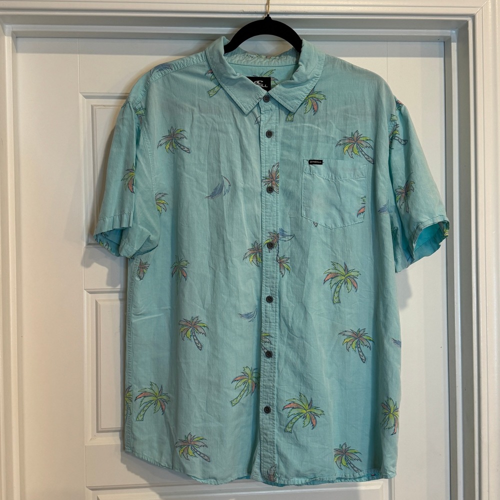 O'Neill Button Down Shirt Mens XL Blue Tropical Palm Tree Short Sleeve Cotton